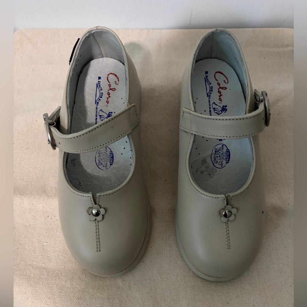 Coloso Girls High Quality Cream Mary Jane Shoes with Floral Accent